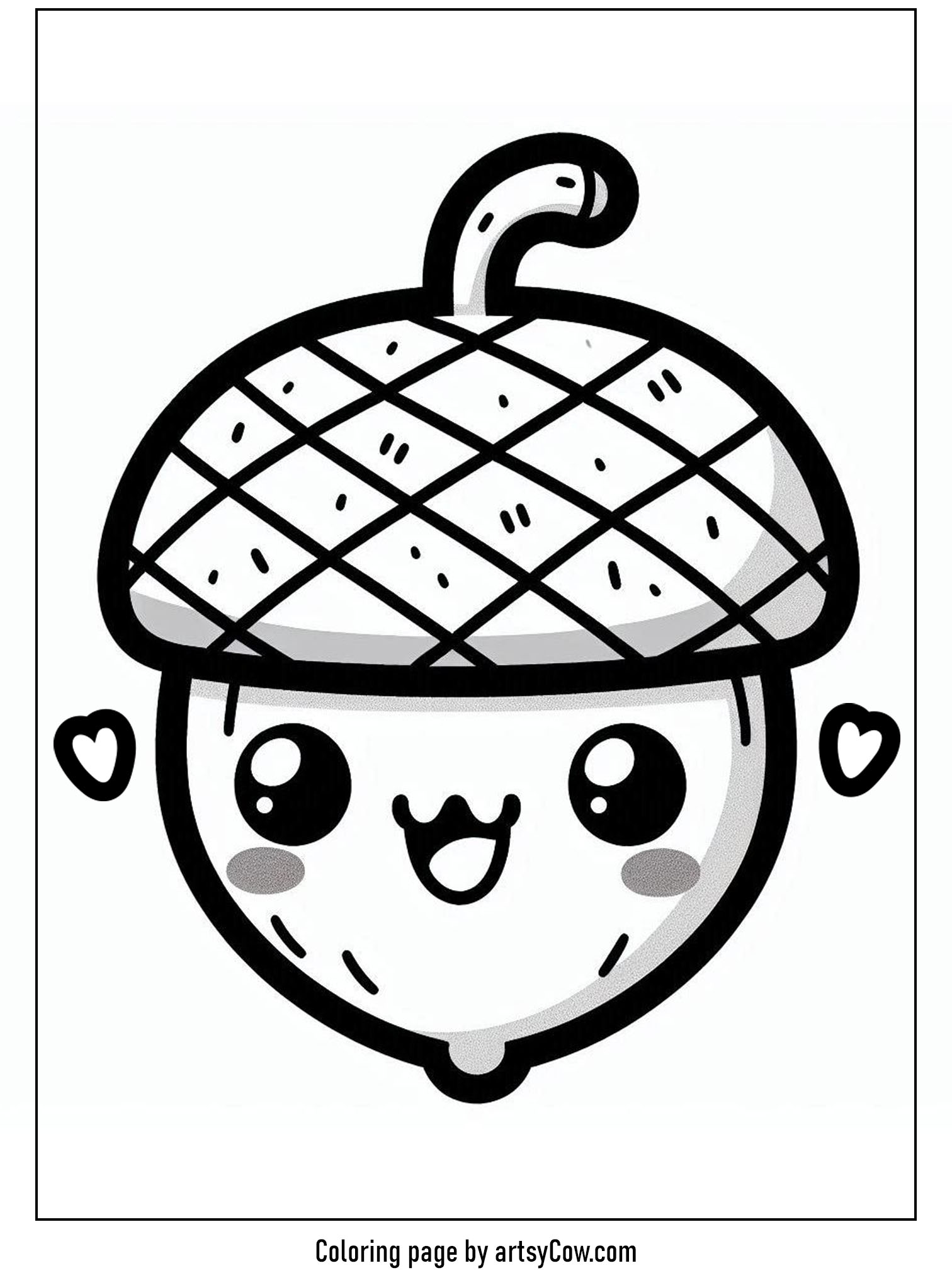 thanksgiving day coloring pages for kids featuring a smiling acorn with tiny hearts on either side.